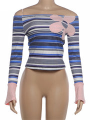 Blue Off-Shoulder Striped Floral Print Tee