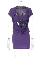 Purple Cowl Short Sleeve Metal Buckle Bralette Mini Dress