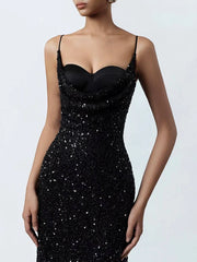 Black Sequin Spaghetti Strap Cowl Neck Midi Dress