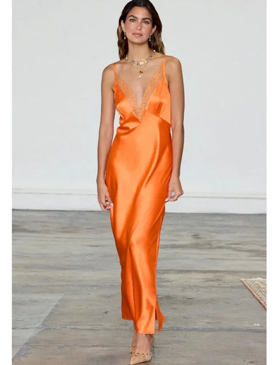 Strap Satin V-neck Long Dress