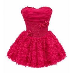 Strapless Flower Textured Bubble Ruffle Mini Dress