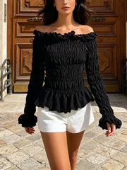 Black Smocked Slash Neck Long Sleeve Top