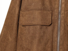 Brown Faux Suede Stand Collar Zip Up Bomber Jacket