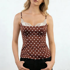 Dots Print Satin Lace Patchwork Square Neck Camisole Top