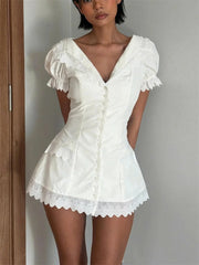 White Lace Ruffled Short Sleeve Buttoned Mini Dress