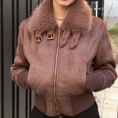 Fur Collar Motorcycle Zipper Short Jacket