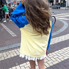 Colour Block Yellow And Blue Raglan Long Sleeve T-shirt