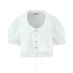 White Lace Hem Puff Sleeve Peter Pan Collar Crop Top
