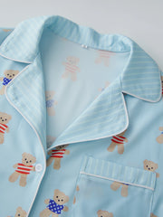 Blue Bear Print V Neck Short Sleeve Top with Shorts Lounge Wear Set