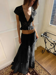 Short Sleeve Mesh Patchwork Crop Top And Maxi Skirt Matching Set