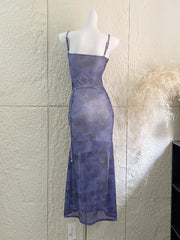 Purple Lace Patchwork Mesh Slip Midi Dress