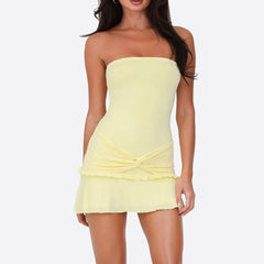 Yellow Frills Knotted Strapless Mini Dress
