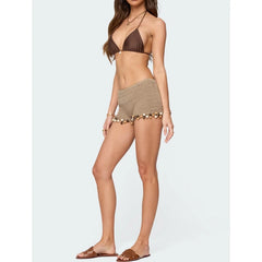 Low Rise Beaded Tassel Hem Knit Shorts