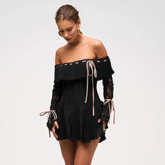 Black Off-Shoulder Lace Sleeve Mini Dress