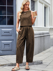 Printed Plaid Sleeveless Vest And Wide Pants Set