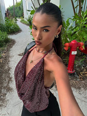 Purple Sequins Halter Backless Top