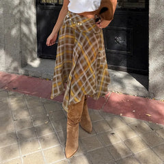Brown Plaid Asymmetrical Hem Midi Skirt