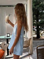 Blue Satin Lace Trim V-Neck Spaghetti Strap Mini Slip Dress