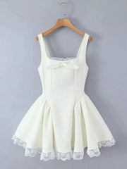 White Tweed Sparkle Bow Flare Mini Dress