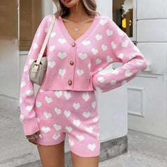 Love Heart Pattern Button Up Crop Knit Cardigans and High Waist Shorts