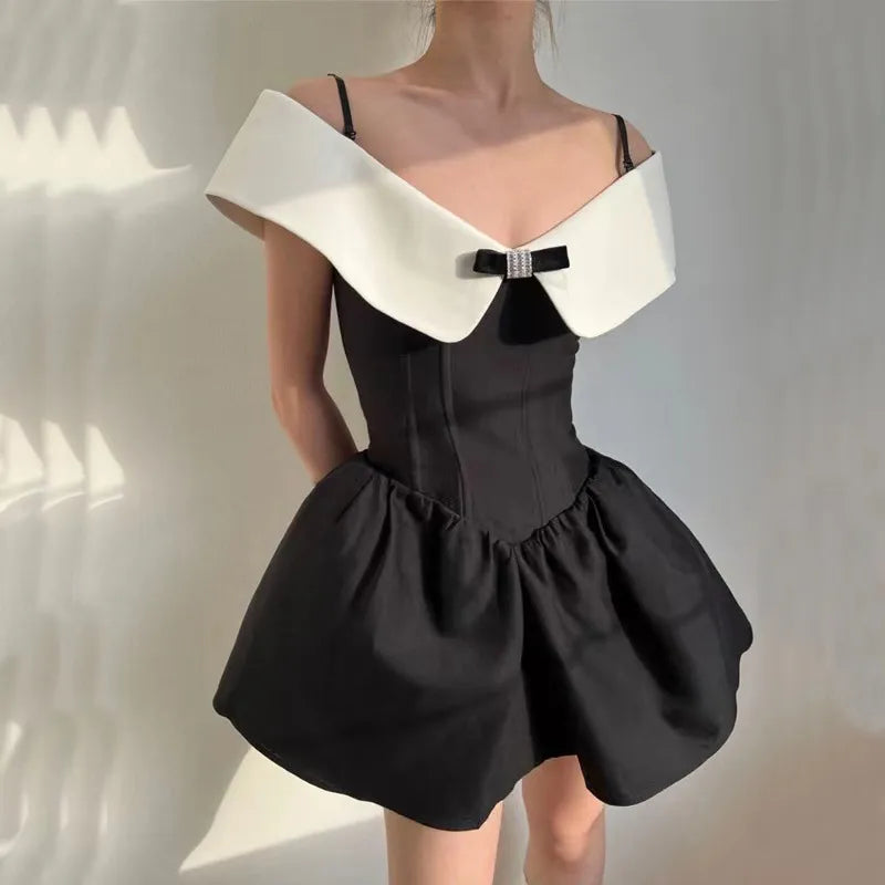 Black Off-Shoulder Contrast Collar Mini Dress