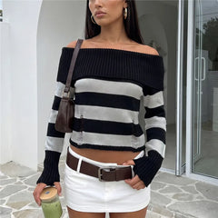 Distressed Striped Off-Shoulder Long Sleeve Knit Top