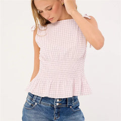 Gingham Tie Shoulder Ruched Tank Top