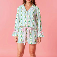 Floral Tree Print Long Sleeve Top And Pants Satin Lounge Set