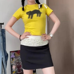 Black Cat Printed Yellow Graphic Top