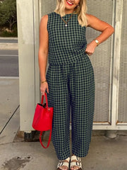 Printed Plaid Sleeveless Vest And Wide Pants Set