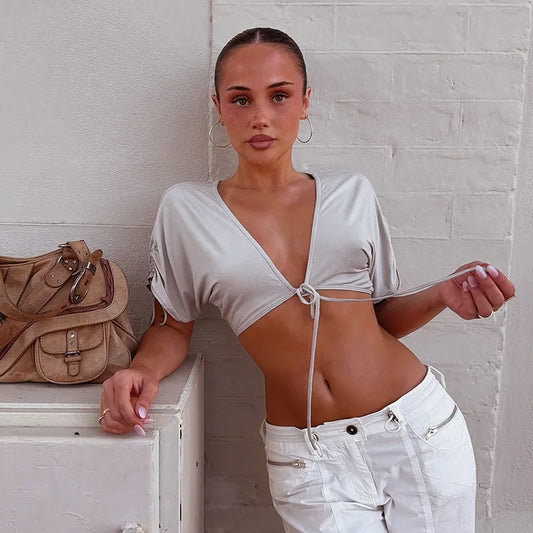 Drawstring Short Sleeve Deep V-Neck Tie Front Crop Top