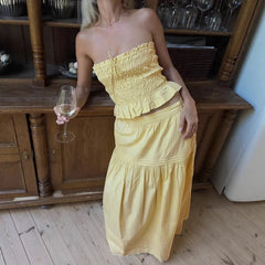 Yellow Ruched Strapless Crop Top And Maxi Skirt Set