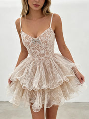 Lace Embroidered Ruffle Tiered Cami Mini Dress