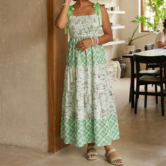 Strappy Tie-Up Smocked Printed Patchwork Maxi Dress