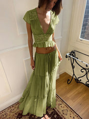 Short Sleeve Mesh Patchwork Crop Top And Maxi Skirt Matching Set