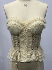 Sheer Ruffle Lace Up Corset Top