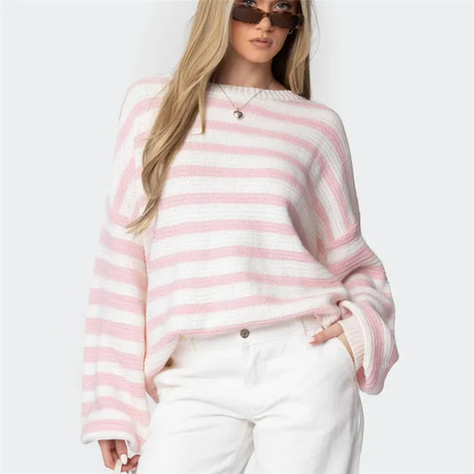 Striped Knit Crew Neck Pullover