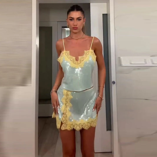 Sequin Lace Trim Camisole Top And Mini Skirt Set