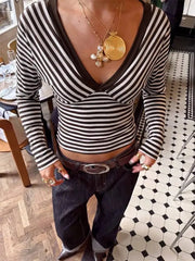 Brown Striped V-Neck Long Sleeve T-Shirt