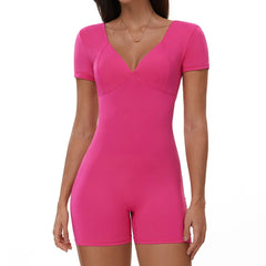 Pink romper worn by a model front view