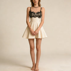 Spaghetti Strap Lace Trim Polka Dot Flared Mini Dress