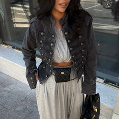 Stand Collar Button Split Short Denim Jacket