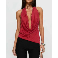 Studded Trim Halter Cowl Neck Top