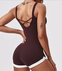 Person wearing a brown bodysuit with a cross-breathable back design 
