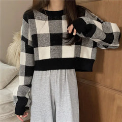 Plaid Loose O-Neck Short Sweater