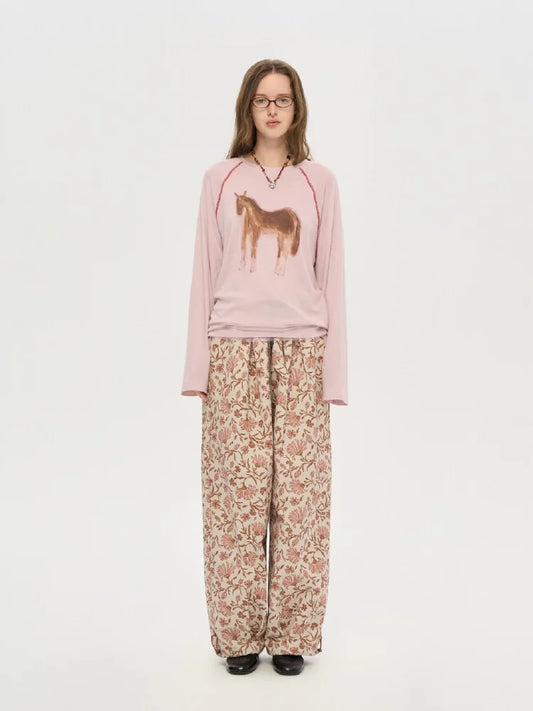Pink Horse Print Long Sleeve Top