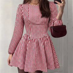 Red Gingham Long Puff Sleeve Backless Bow Tie Mini Dress