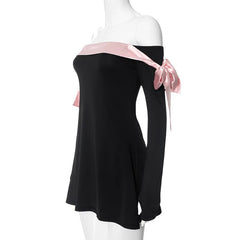 Black Off-shoulder Bow Long Sleeve Mini Dress - Free From Label