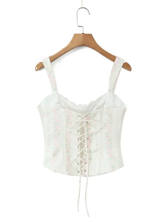 White Floral Lace Up Strap Corset Top