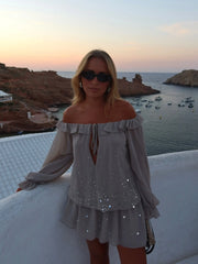 Grey Off Shoulder Ruffle Sequin  Drawstring Waist Mini Dress